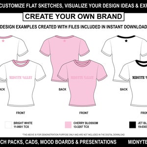 May include: Three different t-shirt designs with the text "MIDNYTE VALLEY" on the front. The t-shirts are white, pink, and black with a star on the back. The text "BRIGHT WHITE", "CHERRY BLOSSOM", and "JET BLACK" are below the t-shirts with corresponding color swatches.