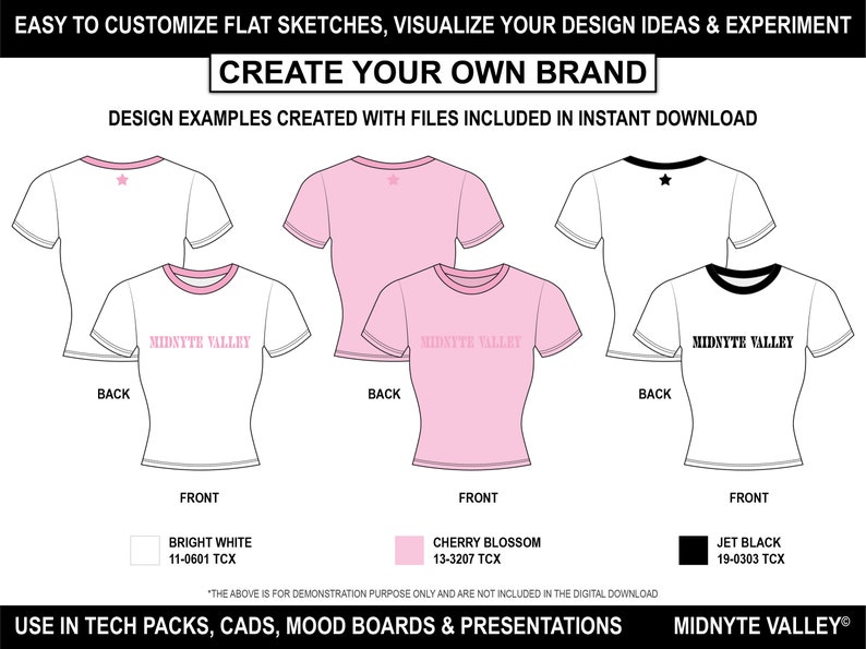 May include: Three different t-shirt designs with the text "MIDNYTE VALLEY" on the front. The t-shirts are white, pink, and black with a star on the back. The text "BRIGHT WHITE", "CHERRY BLOSSOM", and "JET BLACK" are below the t-shirts with corresponding color swatches.