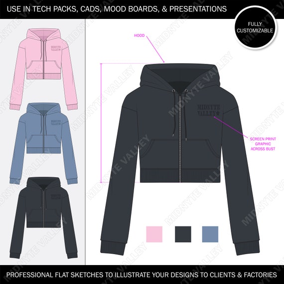 Y2K Crop Zip Jacket Mock Up: Fashion Design Tech Pack (AI, PDF