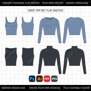 May include: A technical flat sketch of a crop top set in four different styles. The set includes a sleeveless crop top, a long-sleeved crop top, a turtleneck crop top, and a long-sleeved turtleneck crop top. The tops are shown in two different colours: light blue and dark grey. The text "MIDNYTE VALLEY" is printed on each top.