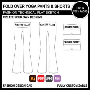 Low Rise Y2K Fold Over Yoga Pant Short Digital Flat Sketch Fashion Design I Tech Pack Illustration Clothing Design Template Instant Download