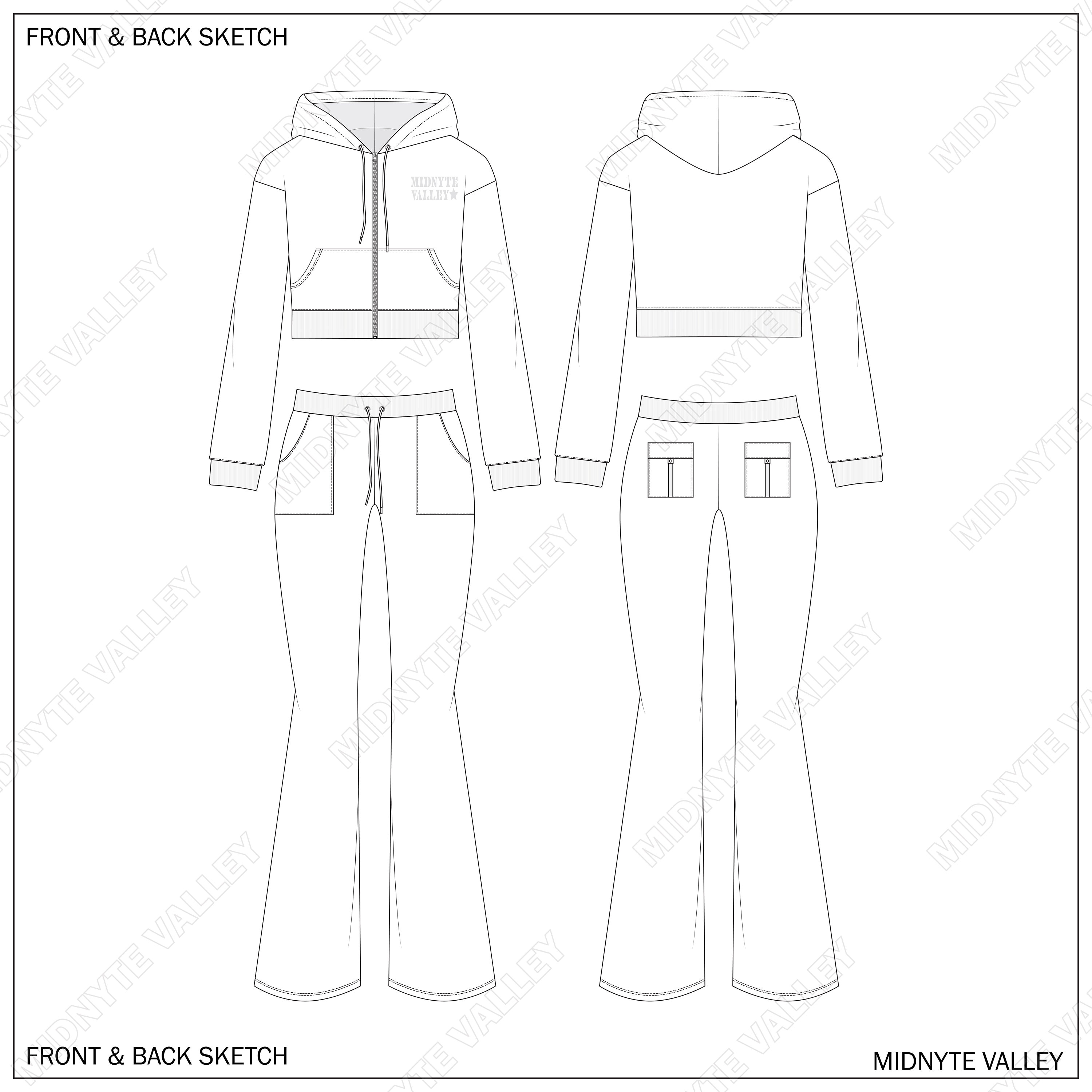 Y2K Track Suit Set Crop Flare Pant Mock up for Fashion Design Tech Pack ...
