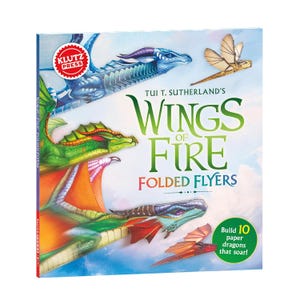 May include: A square book titled Tui T. Sutherland's Wings of Fire Folded Flyers by Klutz Press. The cover features colorful illustrations of dragons in flight against a light blue sky, with a green circular badge stating Build 10 paper dragons that soar!