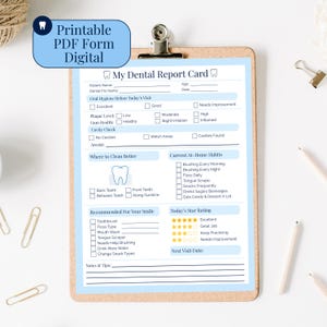 Peut inclure: Un formulaire PDF imprimable de carte de rapport dentaire avec un en-tête bleu indiquant "Formulaire PDF imprimable numérique". La carte comprend des sections pour l'hygiène bucco-dentaire, le contrôle des caries et les habitudes à domicile.