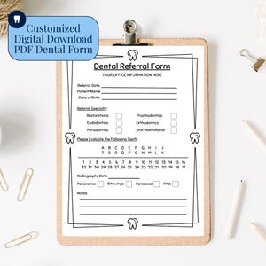 Personalisierte Zahnarztpraxis Empfehlungsformular für neue Zahnarztpraxis Form Kinder zahnmedizinisch Digitaler Download Kieferorthopäde druckbare Zahnform