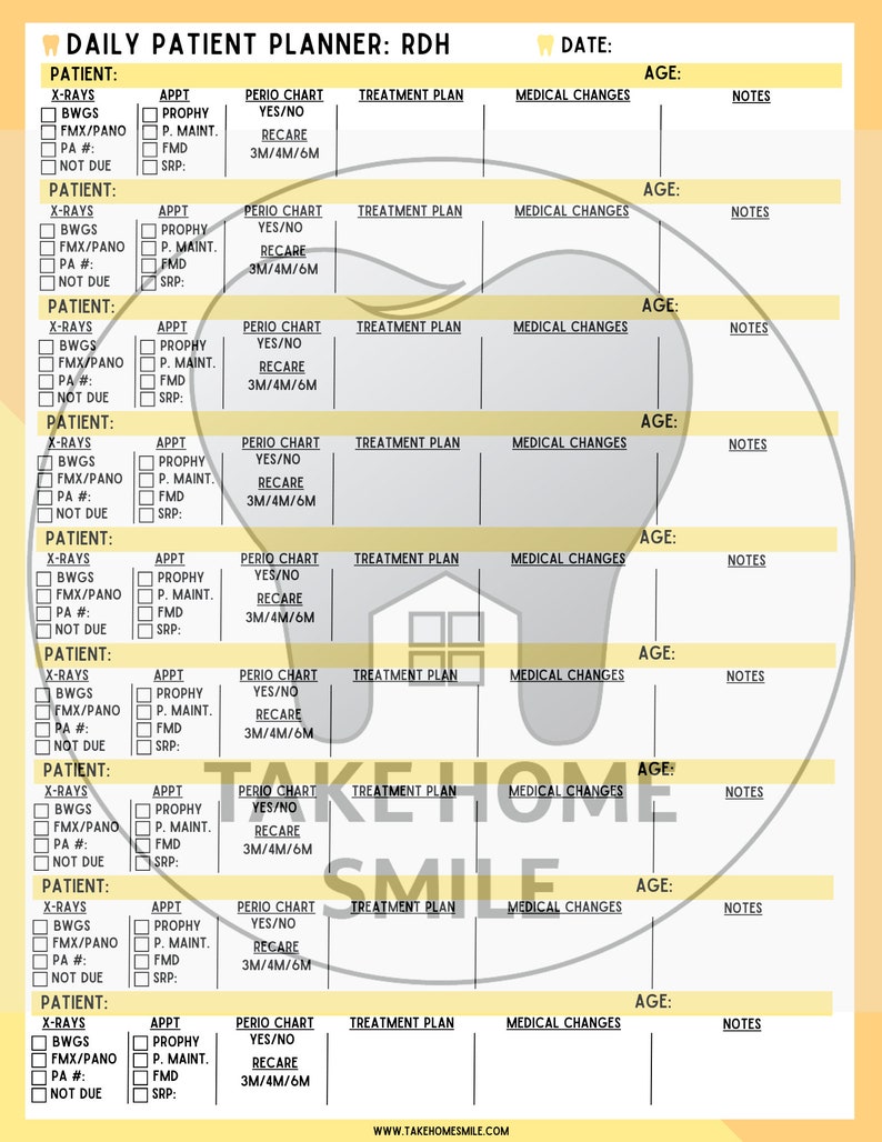 RDH Daily Patient Planner Dental Hygienist Daily Patient Tracker RDH