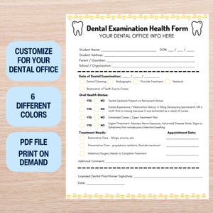 Dental Health Form Customized PDF File for Pediatric Dentist New Dentist Office Digital Download Printable Form for Pediatric Dental Patient