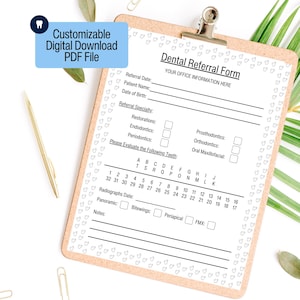 Formulario de derivación dental personalizado para consultorio dental Formulario para dentistas nuevos Dentista pediátrico Ortodoncista Periodoncista Endodoncista PDF imprimible