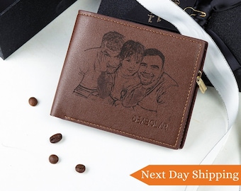 Engraved Leather Wallet for Men,Personalized Gifts for Dad,Custom Photo Wallet for Him,Fathers Day Gifts, Husband,Boyfriend,Dad