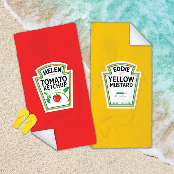 Ketchup, Mustard, Beach Towel, Custom Towel, Custom Beach Towel with Name, Beach Towel Personalized , Unique, Gifts for Him, Heins, Sauce