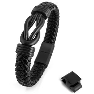 サーペント レザー ブレスレット – マットブラック留め具 | 蛇の尾ディテール | ステンレス製 | メンズレザーブレスレット | サイズ 17.5–22.5cm