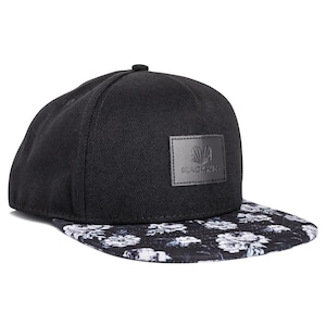 Floral Snapback Cap Black Beauty | Black Hat with Floral Visor | Leather Logo Patch | Adjustable Size