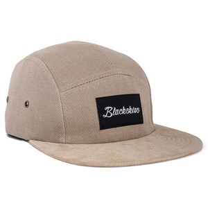 Port Blair 5-Panel Cap – Beige with Suede Visor, Leather Front Patch, Adjustable Fit, Streetwear Cap, Unisex Hat for Men & Women