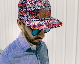 Quetzalcoatl 5-Panel Cap – Aztec Pattern Hat with Leather Patch, Adjustable Unisex Festival Cap, Bold Tribal Streetwear