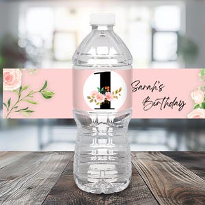 Editable 1st Birthday Floral Water bottle labels, birthday favor, girl birthday, Floral 1st Birthday, 12 oz labels, instant download