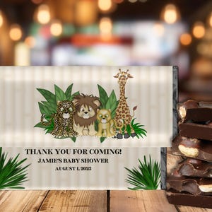Carta per caramelle per baby shower a tema giungla: animali dello zoo, modello Canva modificabile (download digitale)