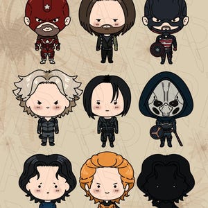 May include: Nine cartoon digital stickers of costumed characters. Each sticker has a large head and small body. The text "Hand-Drawn Digital Stickers" is at the top. The watermark will be removed in purchased files. The stickers are in a variety of colours.