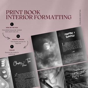 Puede incluir: Imagen que muestra el proceso de formato interior de libros impresos. El texto incluye los pasos: enviar archivos, recibir una vista previa y finalizar. El diseño presenta una imagen en escala de grises de una luna y nubes, con títulos de capítulos y ejemplos de texto.