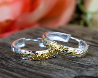 Engraved Plumeria Hoop Earrings