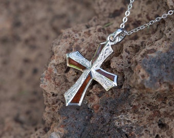 Koa Wood Engraved Cross Pendant