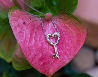 Engraved Heart Key Pendant