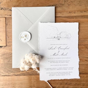 Wedding Invitation Set | Wedding Venue Illustration | Olive Green Wedding Invite | Wax Seals | Deckled Edge | Venue Drawing