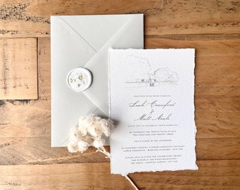 Wedding Invitation Set | Wedding Venue Illustration | Olive Green Wedding Invite | Wax Seals | Deckled Edge | Venue Drawing