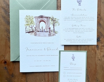 Watercolour Wedding Invitation Suite | Wedding Venue Illustration | Custom Illustrated Wedding Illustration | Italian Wedding Invitation