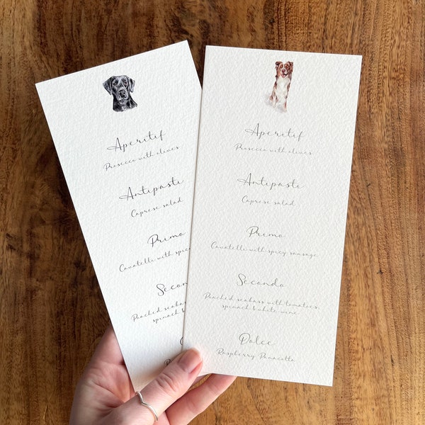 Custom Illustrated Wedding Menu | Mini Illustration Menu | Pet Illustration Wedding Stationery | Pet Portrait Wedding Stationery