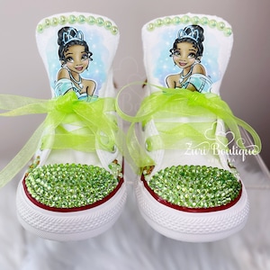 Blue Dress Princess Tiana Kid&#39;s Bling HIGH TOP Converse Shoes Bejeweled Sneakers, Birthday party shoes