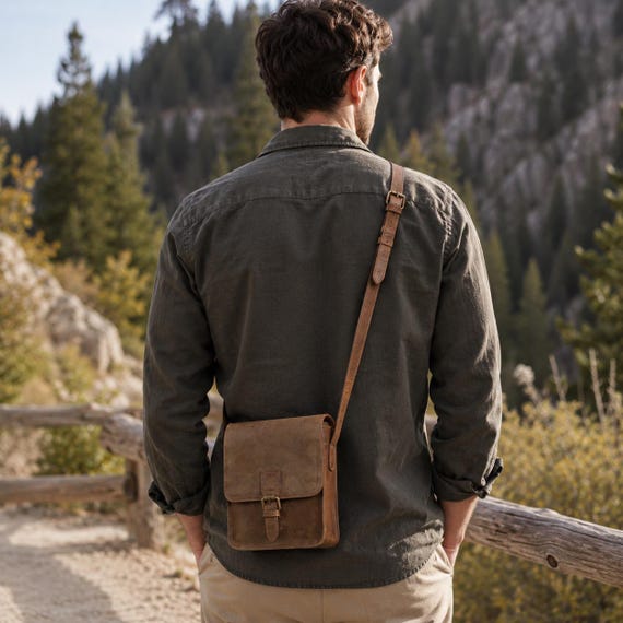 Personalised Leather Crossbody Bag Men Genuine Leather Satchel Engraved Name Man Bag Adjustable Strap Brown Black Work Bag