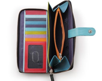 Zip Around RFID Leather Purse Women Multicolour Wallet Credit Card Holder Soft Ladies