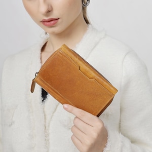 Monedero de cuero para mujer, cartera grande de cuero suave, regalo para mujer, billetera de cuero marrón, monedero RFID de cuero de lujo con cremallera, tarjetero