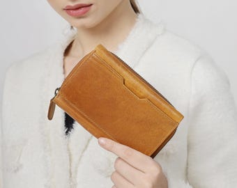 Leather Purse For Women Large Soft Leather Clutch Purse Gift For Women Brown Leather Wallet RFID Luxury Leather Zipped Purse Card Holder