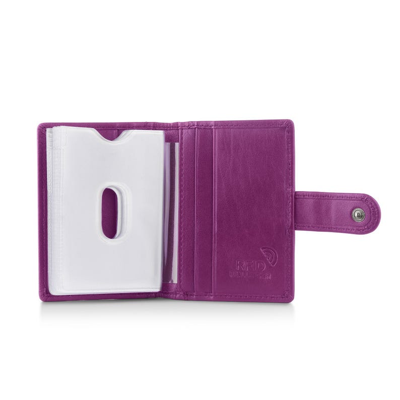 Small fuchsia leather RFID card holder wallet showing multiple card slots