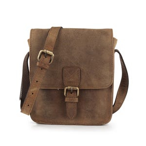 Men’s brown leather satchel crossbody bag front view