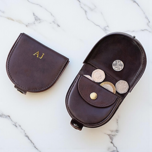 Mens Leather Coin Purse Personalised Horseshoe Wallet Small Pouch Minimalist Leather Coin Tray with Custom Initials