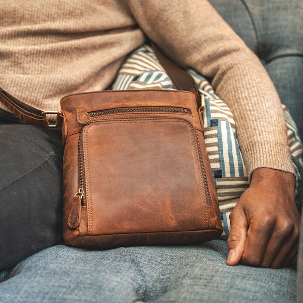 Crossbody Satchel • UK Leather Bag For Men • Man Bag • Rustic Brown Leather
