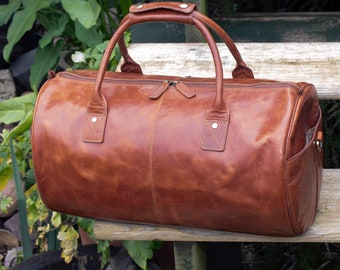 Holdall Bag With Initials, Brown Leather Duffle Bag, Personalised Holdall Travel Bag, Unique Gifts For Men and Women, Overnight Bags