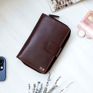 Monedero para mujer Monedero de cuero Monedero de cuero marrón Monedero de mujer RFID Monedero triple Tarjetero Monedero de cuero suave Monedero personalizado Regalo
