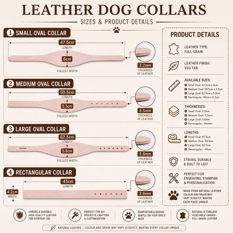 Peut inclure: Un tableau informatif intitul&eacute; LEATHER DOG COLLARS pr&eacute;sentant quatre mod&egrave;les de colliers en cuir beige clair. Il indique les dimensions en centim&egrave;tres, avec des longueurs de 45cm &agrave; 62,5cm, des largeurs de 4,2cm &agrave; 6cm et des &eacute;paisseurs de 3,2mm &agrave; 3,6mm.