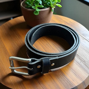 Personalised Black Leather Belt for Men with Silver Buckle Made in England Custom Belt Gift for Dad Boyfriend Or Husband Handmade In The UK