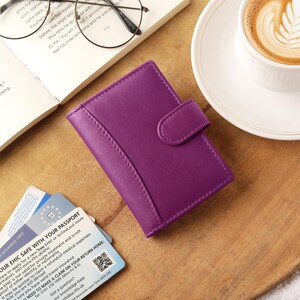 Flat lay of personalised fuchsia leather RFID credit card holder wallet for women