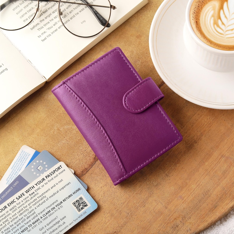 Flat lay of personalised fuchsia leather RFID credit card holder wallet for women