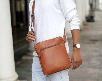 Personalised Leather Tablet Bag Men Crossbody Messenger Bag Engraved Name Genuine Leather Work Bag iPad Shoulder Bag Gift Him