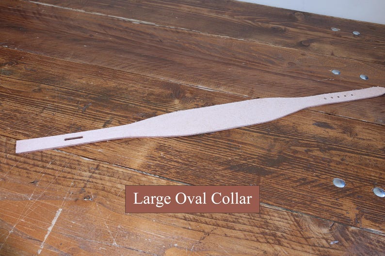 Peut inclure: Un collier en cuir beige clair dot&eacute; d'une large section centrale ovale allong&eacute;e qui s'effile vers les extr&eacute;mit&eacute;s. Une extr&eacute;mit&eacute; comprend une fente rectangulaire unique, tandis que l'autre pr&eacute;sente une s&eacute;rie de petits trous de r&eacute;glage. Texte : Large Oval Collar.