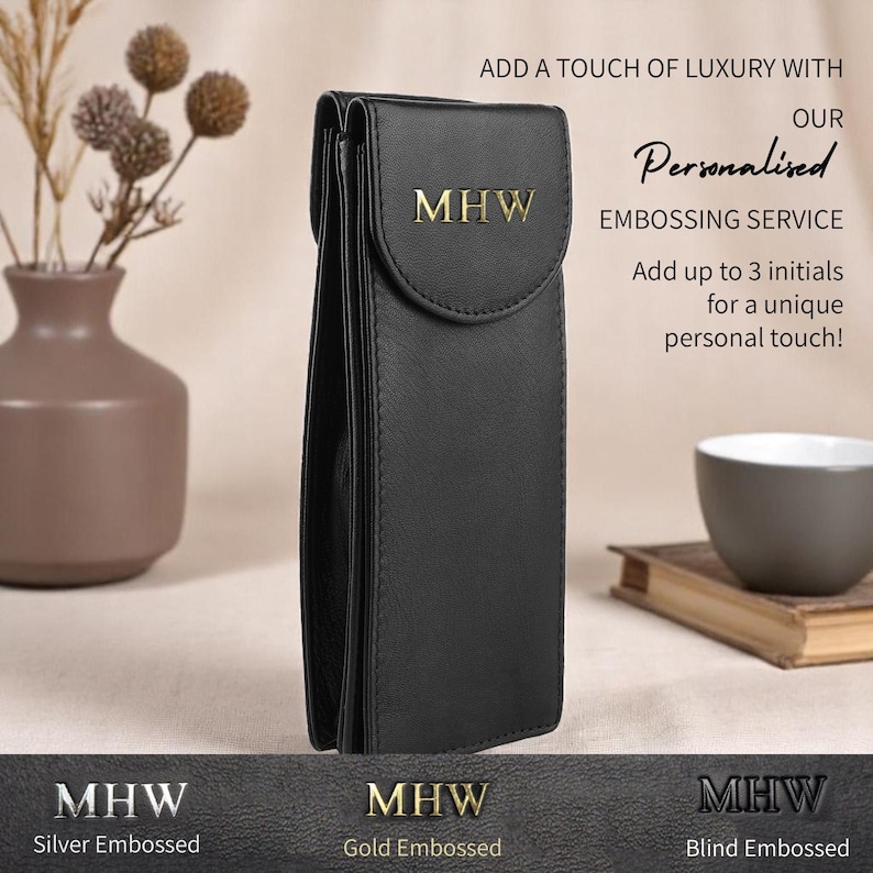 Black leather wallet with a gold embossed inscription "MHW"