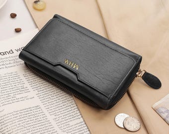 Wallet RFID Credit Card Holder Zipped Coin Purse Woman Wallet Gift Idea For Mother Black Leather Wallet Personalised Custom Purse For Women