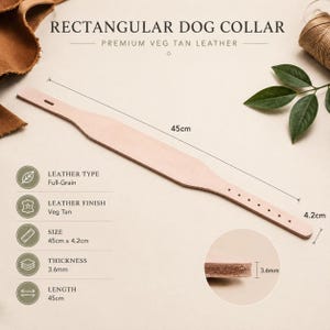 Peut inclure: Un collier pour chien en cuir tann&eacute; v&eacute;g&eacute;tal pleine fleur de couleur beige clair, mesurant 45 cm de longueur, 4,2 cm de largeur et 3,6 mm d'&eacute;paisseur. Le texte RECTANGULAR DOG COLLAR PREMIUM VEG TAN LEATHER accompagne les sp&eacute;cifications.