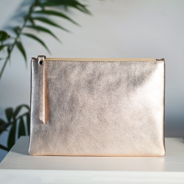 Gold Leather Bag Cosmetic Pouch, Leather Makeup Bag, Women Clutch Purse Zipper Pouch, Cosmetic Bag For Her, Unique Gifts For Her, Wash Bag